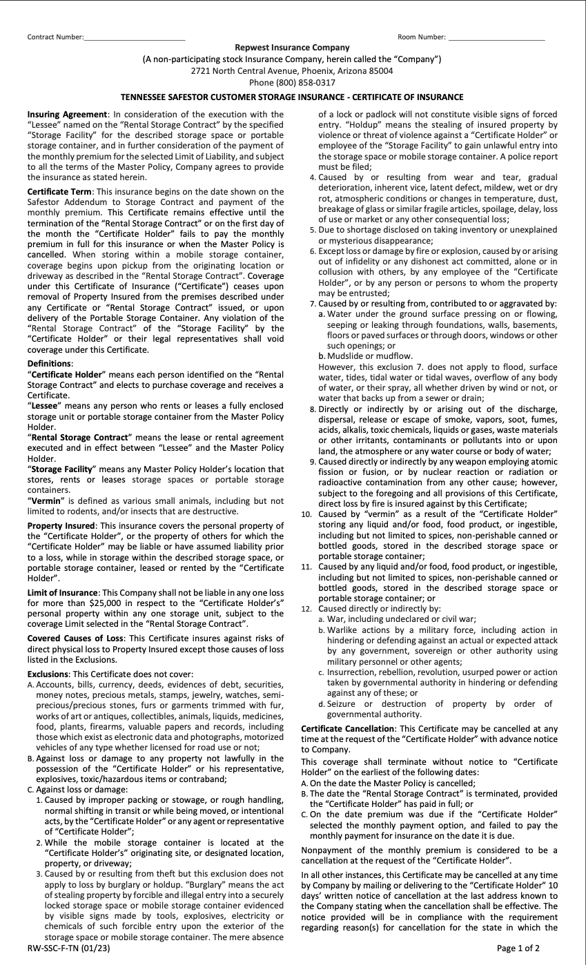 Tennessee insurance certificate page 1